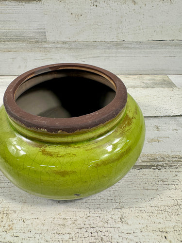 Vintage Green Crackle Glaze Ceramic Bowl – Distressed Decorative Planter