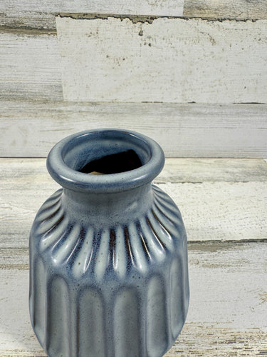 Blue Gray Ribbed Ceramic Vase – Textured Decorative Floral Vase