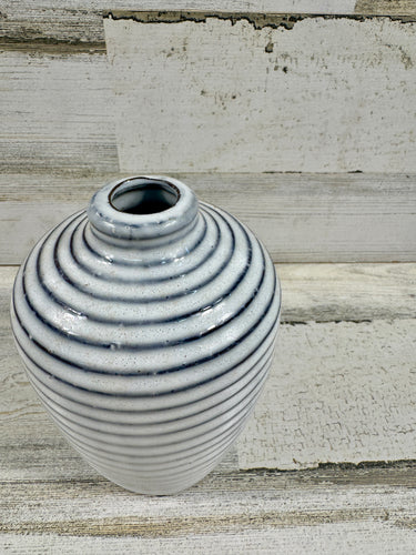 White & Blue Ribbed Ceramic Vase – Textured Decorative Vessel