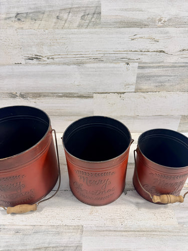 Set of 3 Red Merry Christmas Metal Buckets – Rustic Holiday Planters