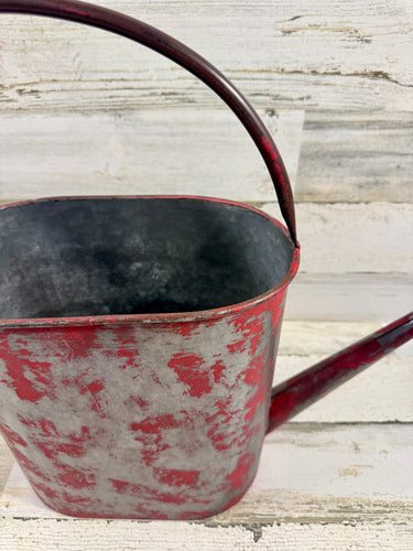 Distressed Red Metal Watering Can – Rustic Decorative Planter