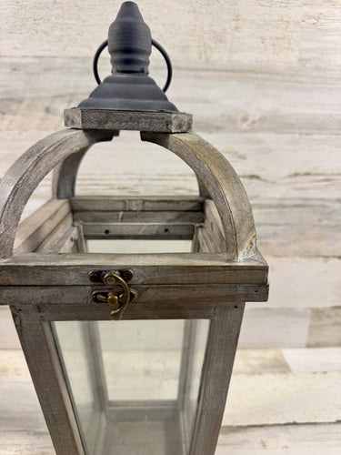 Tall Gray Wood & Glass Lantern – Rustic Architectural Candle Holder