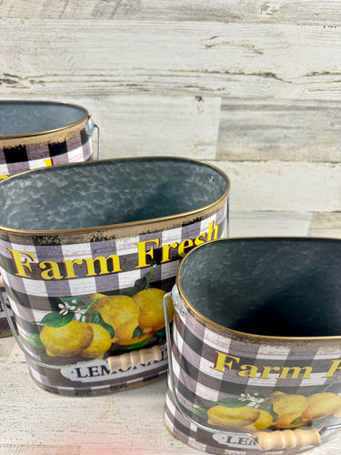 Set of 3 Farm Fresh Lemonade Metal Buckets