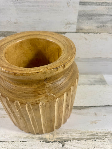 Carved Wood Ribbed Vase – Rustic Natural Floral Container