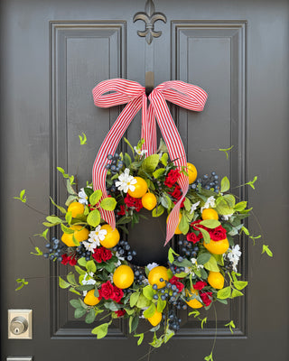 Patriotic Lemon and Berry Wreath with Red Striped Bow for Front Door - TwoInspireYou