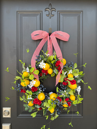 Patriotic Lemon and Berry Wreath with Red Striped Bow for Front Door - TwoInspireYou