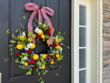 Patriotic Lemon and Berry Wreath with Red Striped Bow for Front Door - TwoInspireYou