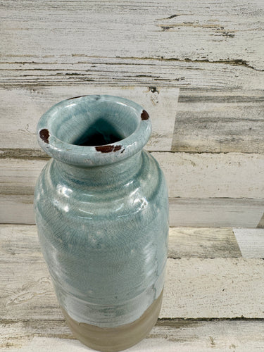 Blue Crackle Glaze Ceramic Vase with Natural Stoneware Base