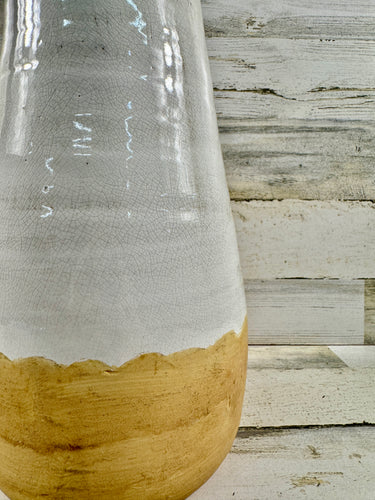 White Crackle Glaze Ceramic Vase with Natural Stoneware Base