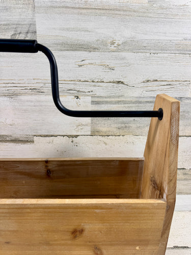 Rustic Wood Caddy with Black Metal Handle