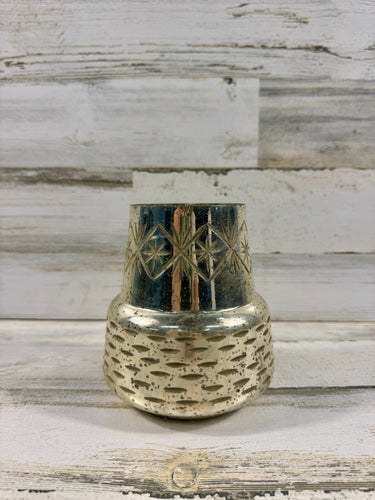 Antique Gold Mercury Glass Vase with Etched Geometric Detail