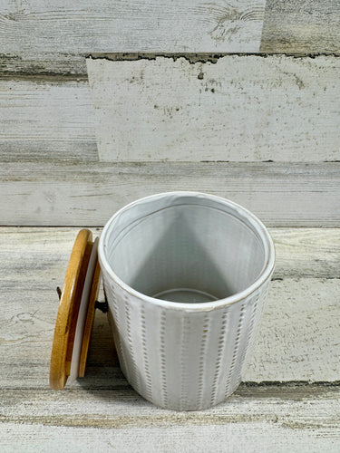 White Textured Candle Holder with Wood Lid