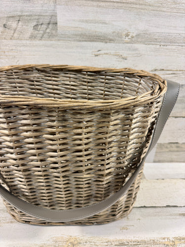 Gray Woven Wicker Basket with Leather-Look Handles