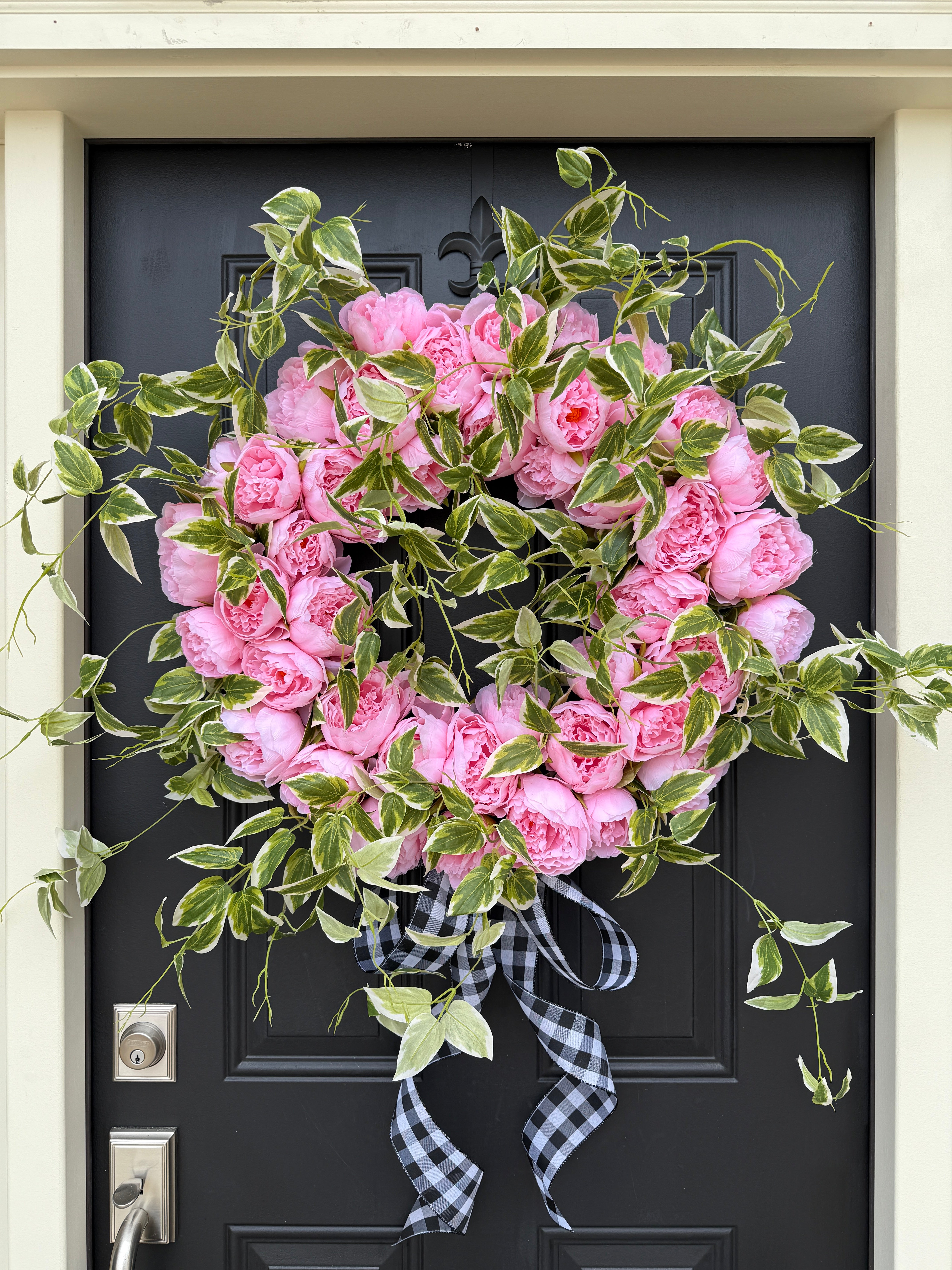 Pink Peony Front Door Wreath with Variegated Greenery & Gingham Ribbon