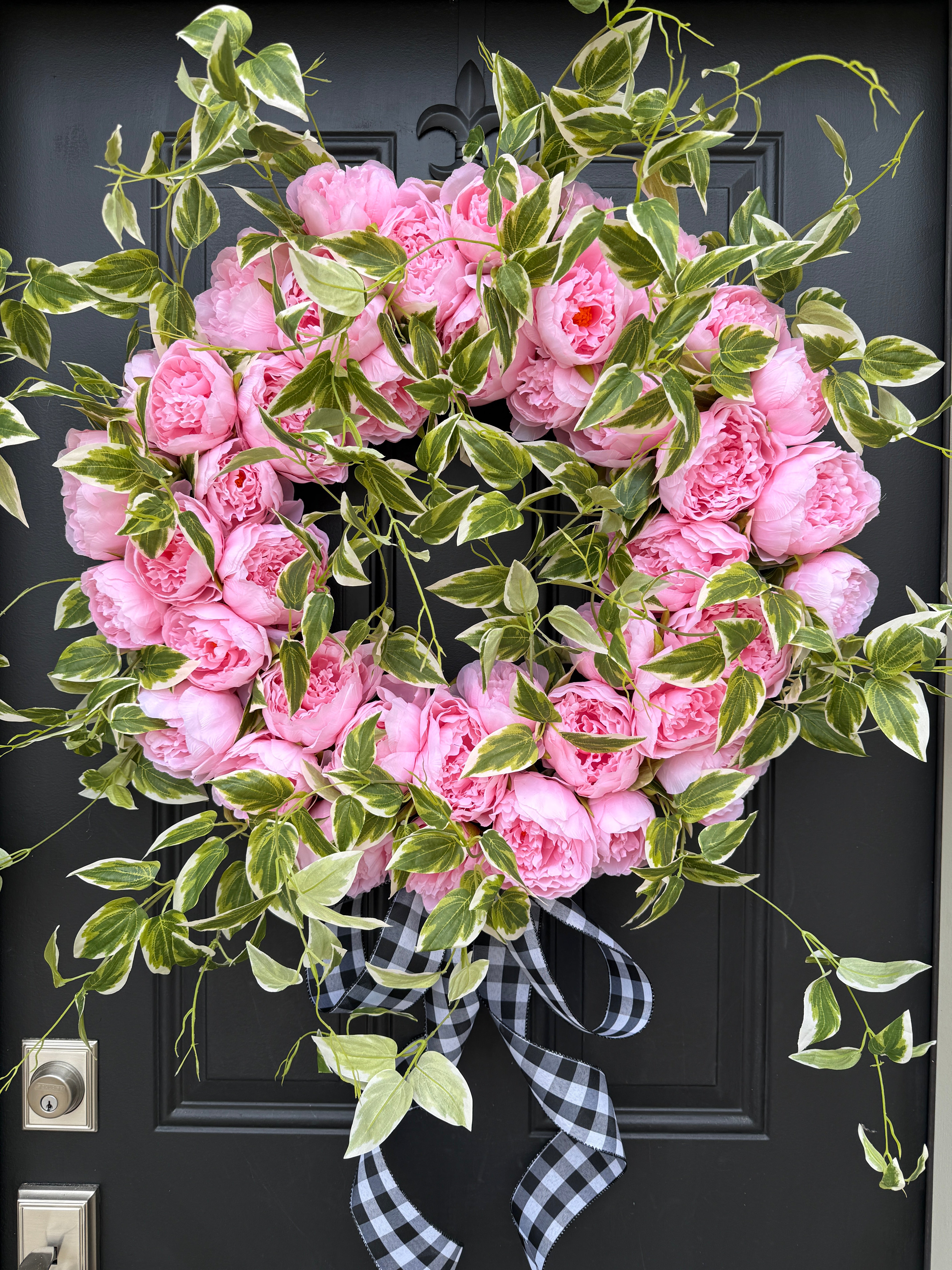 Pink Peony Front Door Wreath with Variegated Greenery & Gingham Ribbon