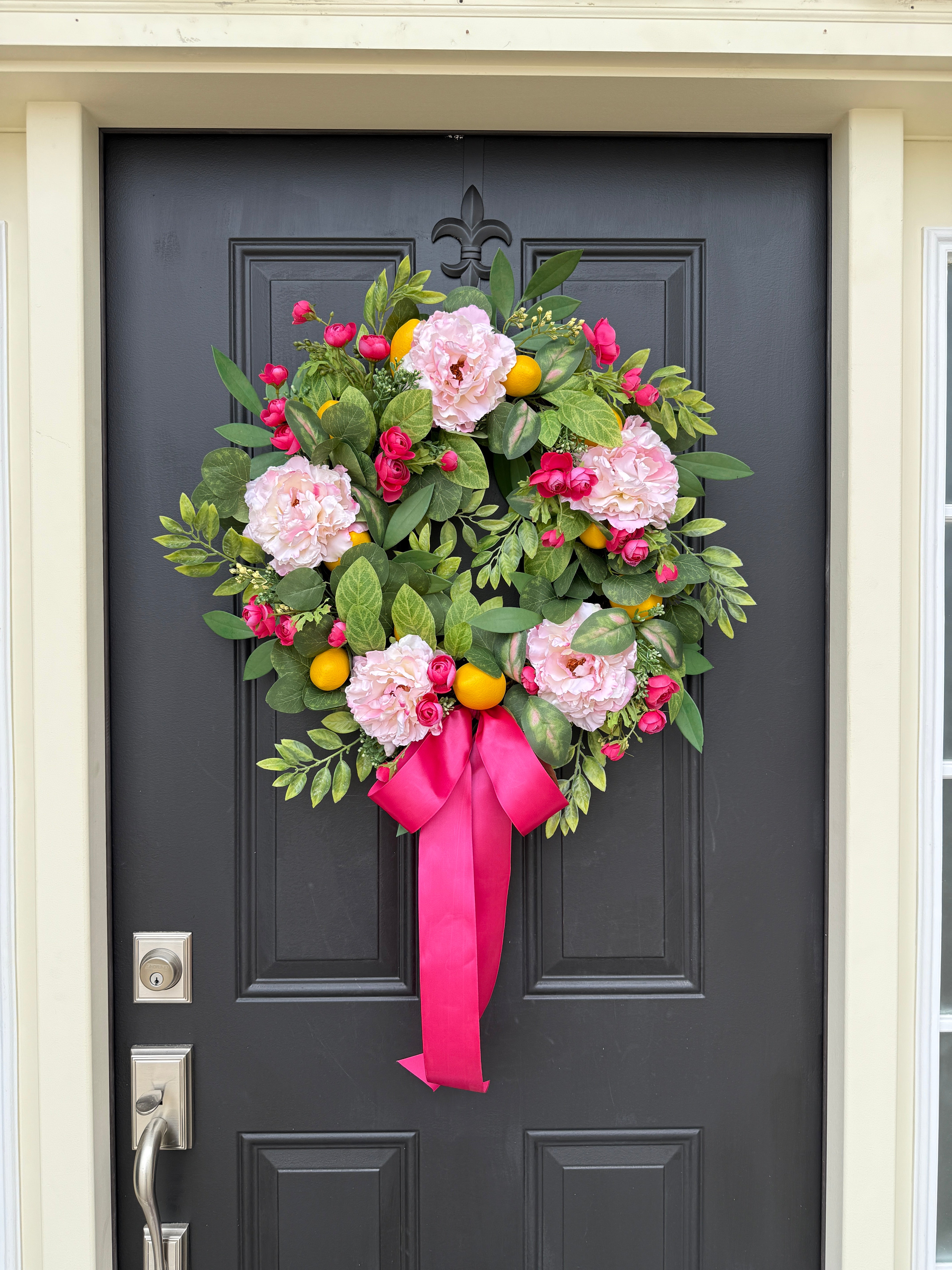 Pink Peony Citrus Wreath for Front Door – Summer Floral with Lemons and Garden Roses