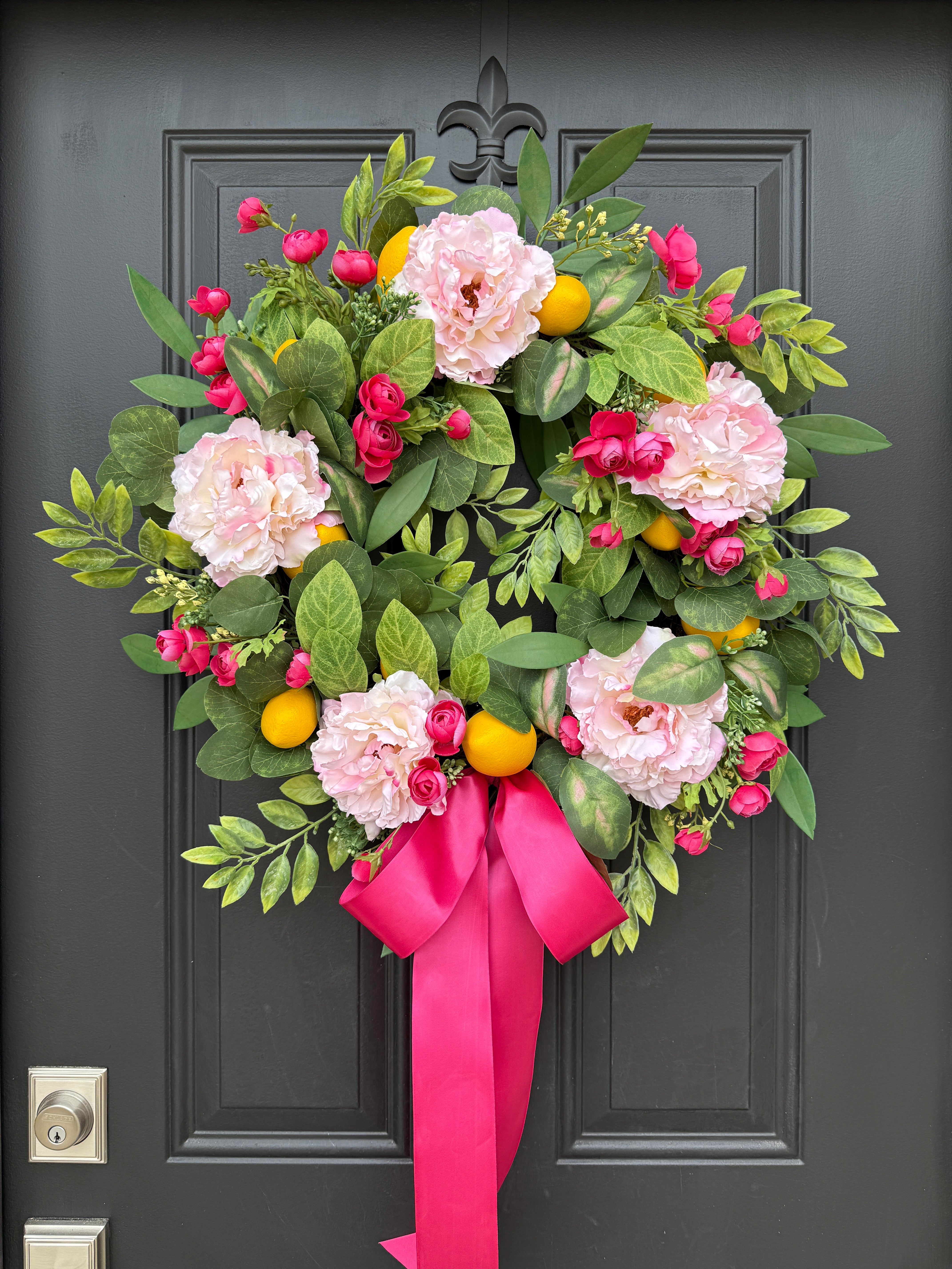 Pink Peony Citrus Wreath for Front Door – Summer Floral with Lemons and Garden Roses
