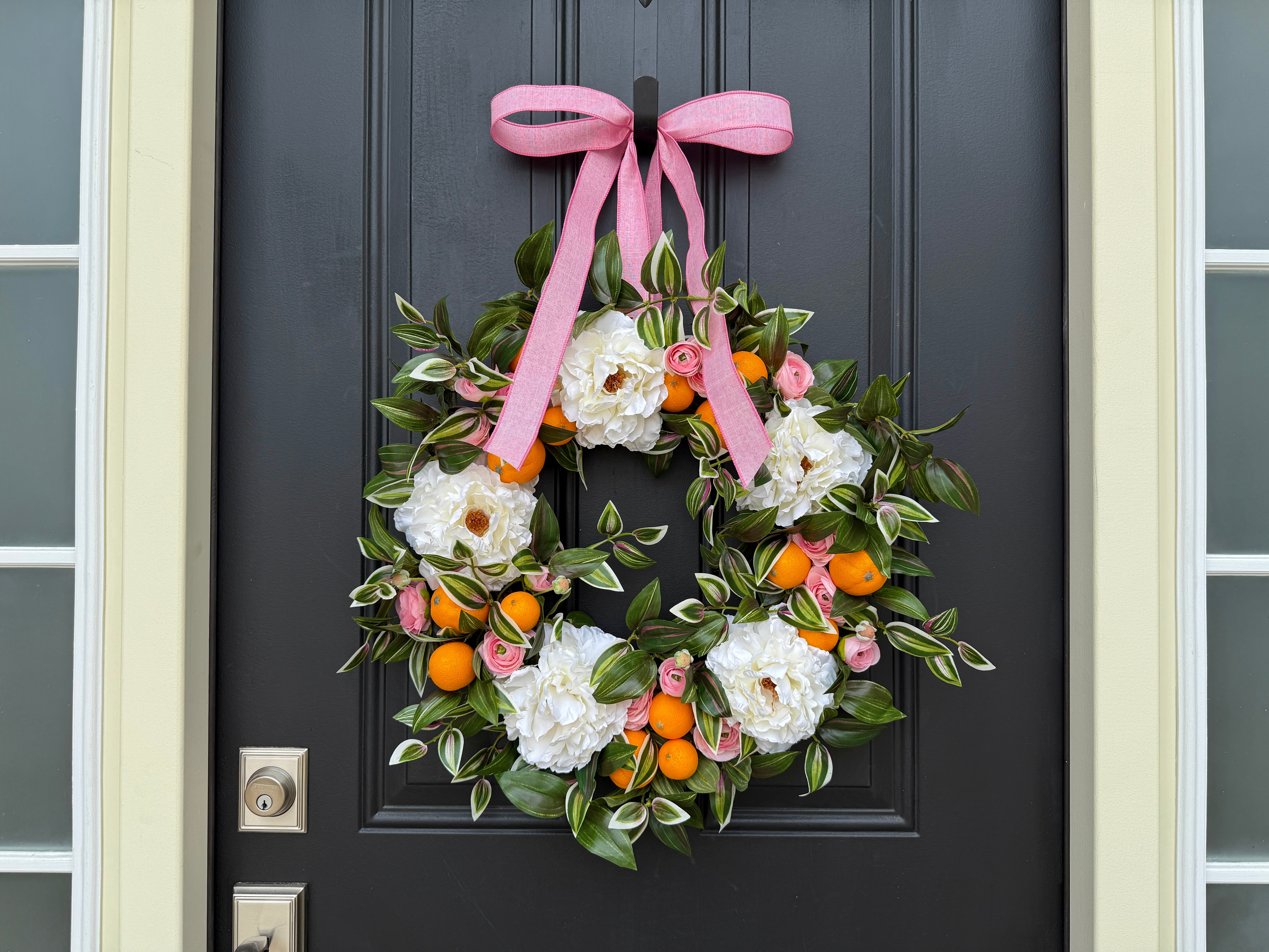 Citrus and Peony Summer Wreath with Pink Ribbon for Front Door