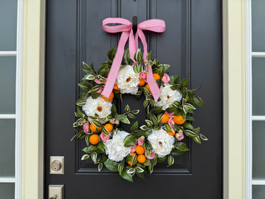 Citrus and Peony Summer Wreath with Pink Ribbon for Front Door - TwoInspireYou