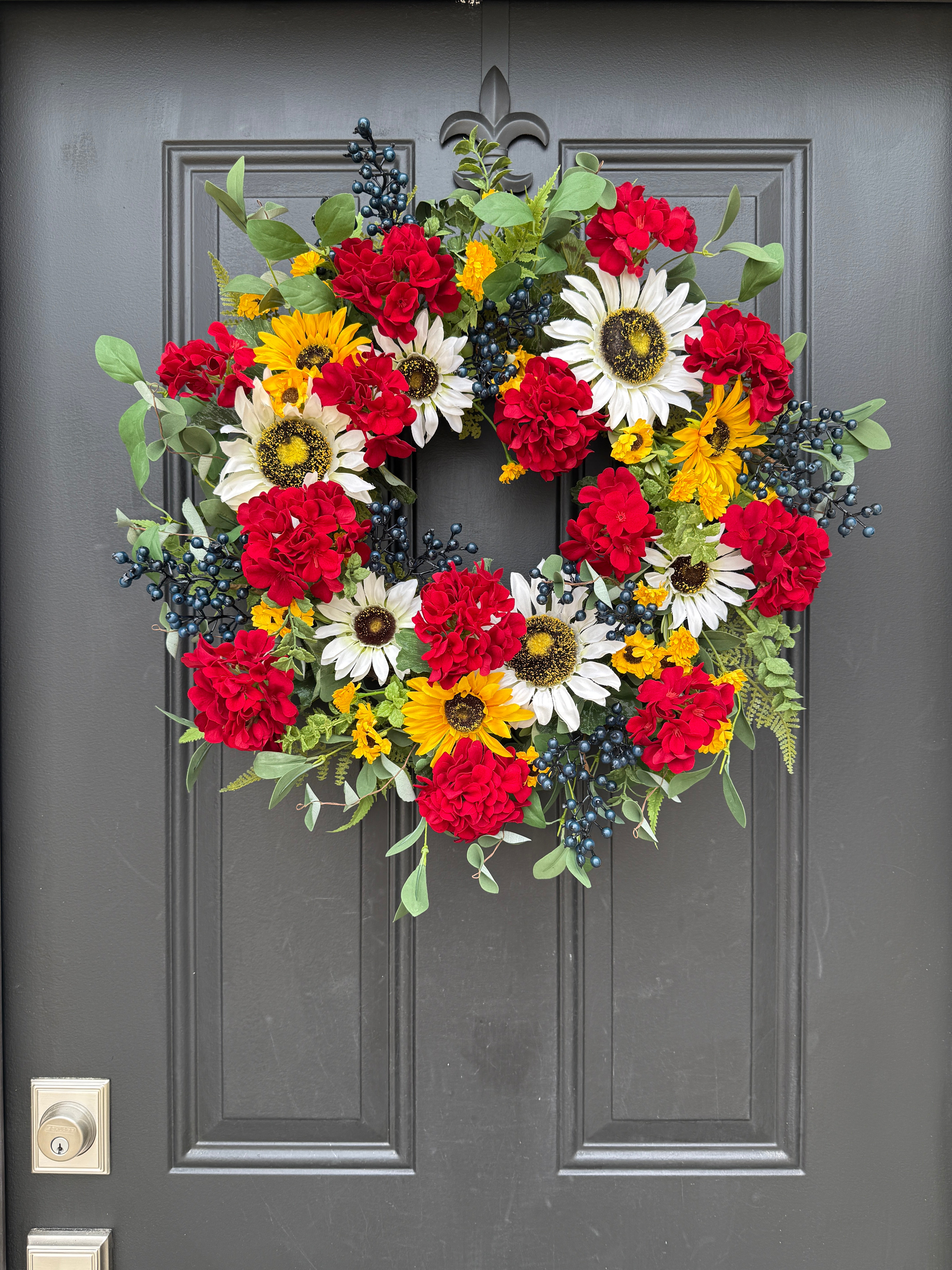 Sunflower and Daisy Wreath with Red Geranium Flowers for Front Door