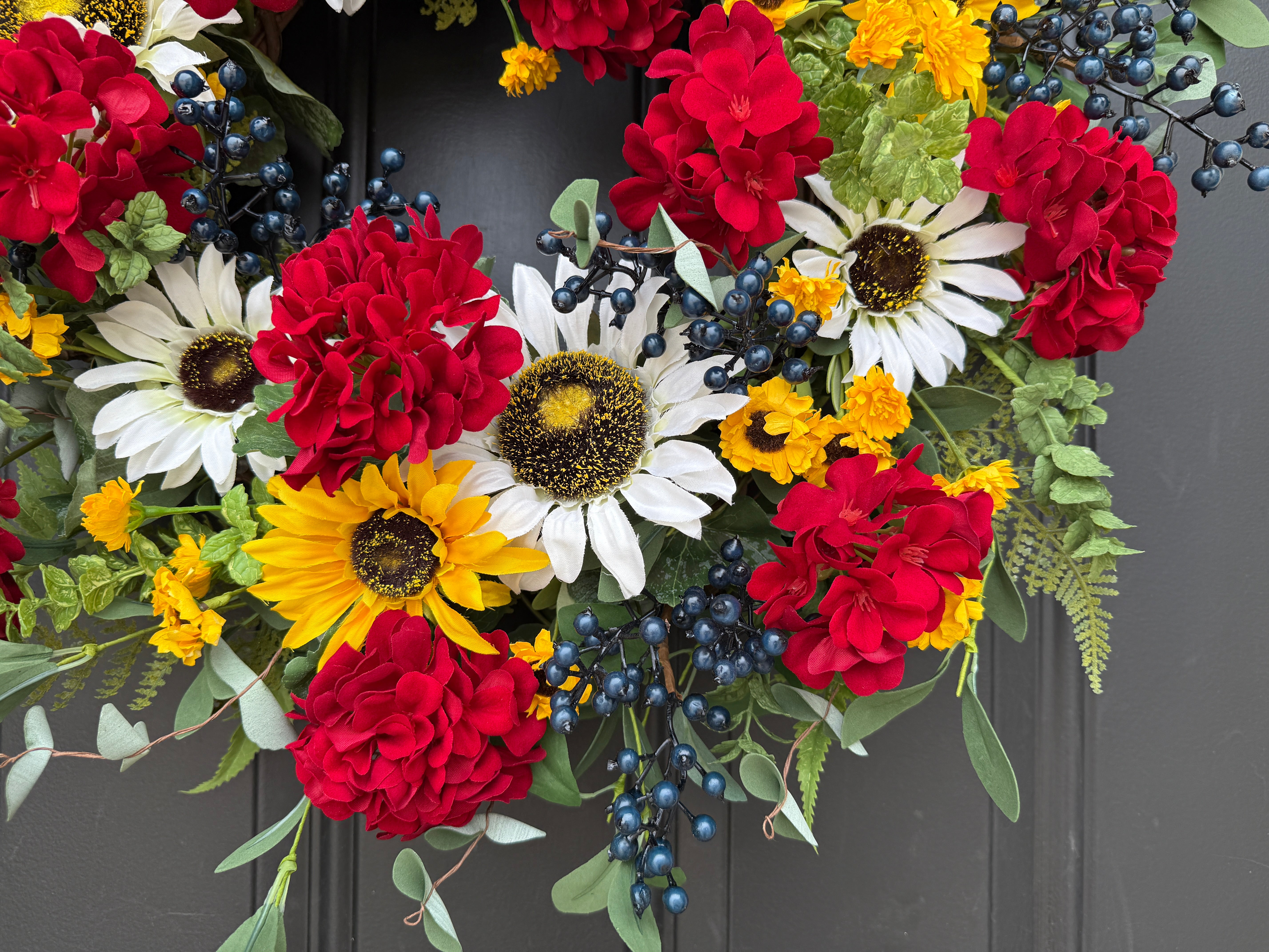 Sunflower and Daisy Wreath with Red Geranium Flowers for Front Door