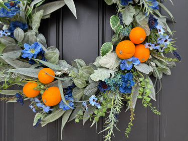 Citrus Front Door Wreath with Blue Florals & Faux Oranges – Summer Décor - TwoInspireYou