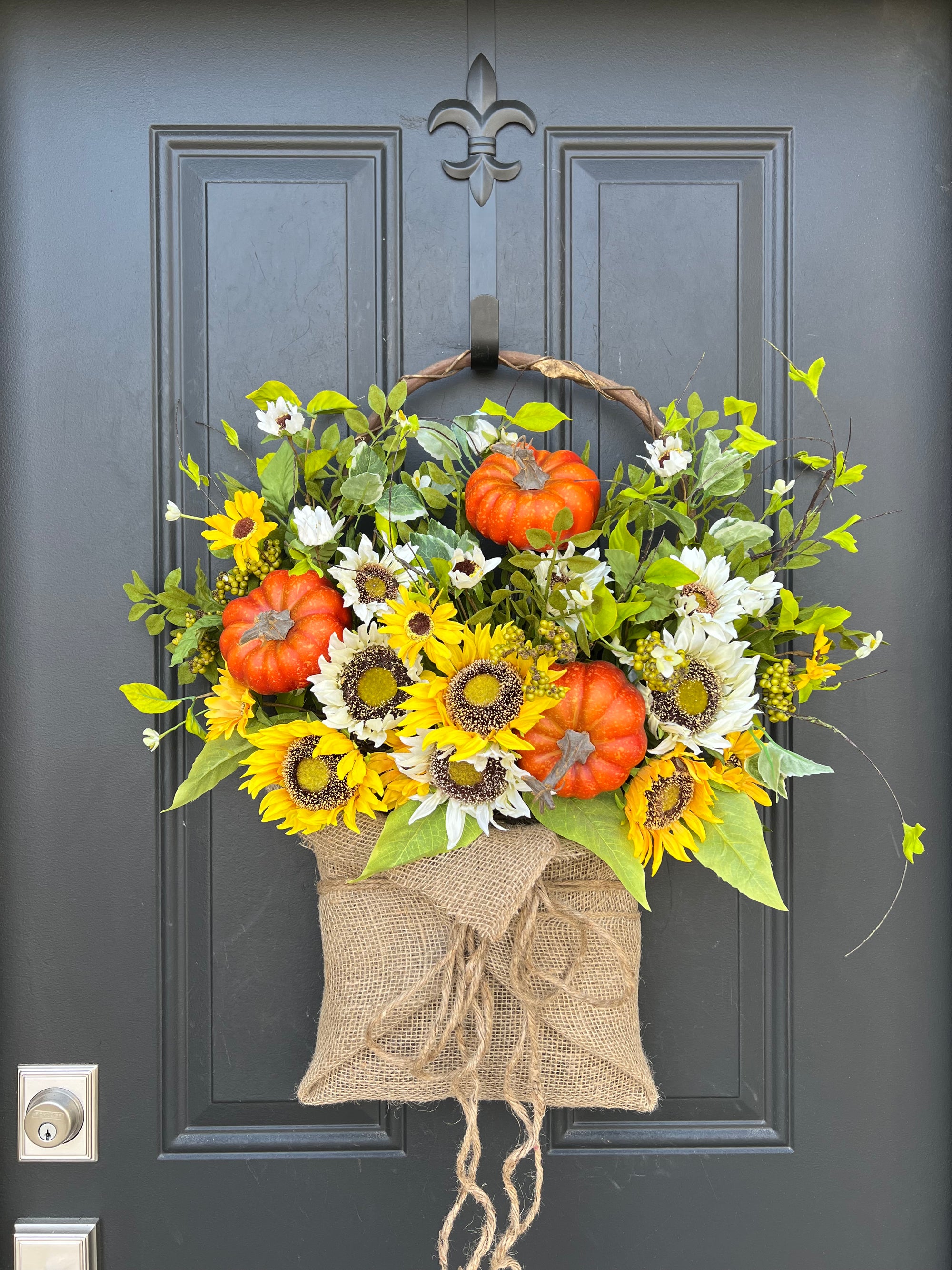 Fall Sunflower and Orange Pumpkin Burlap Basket