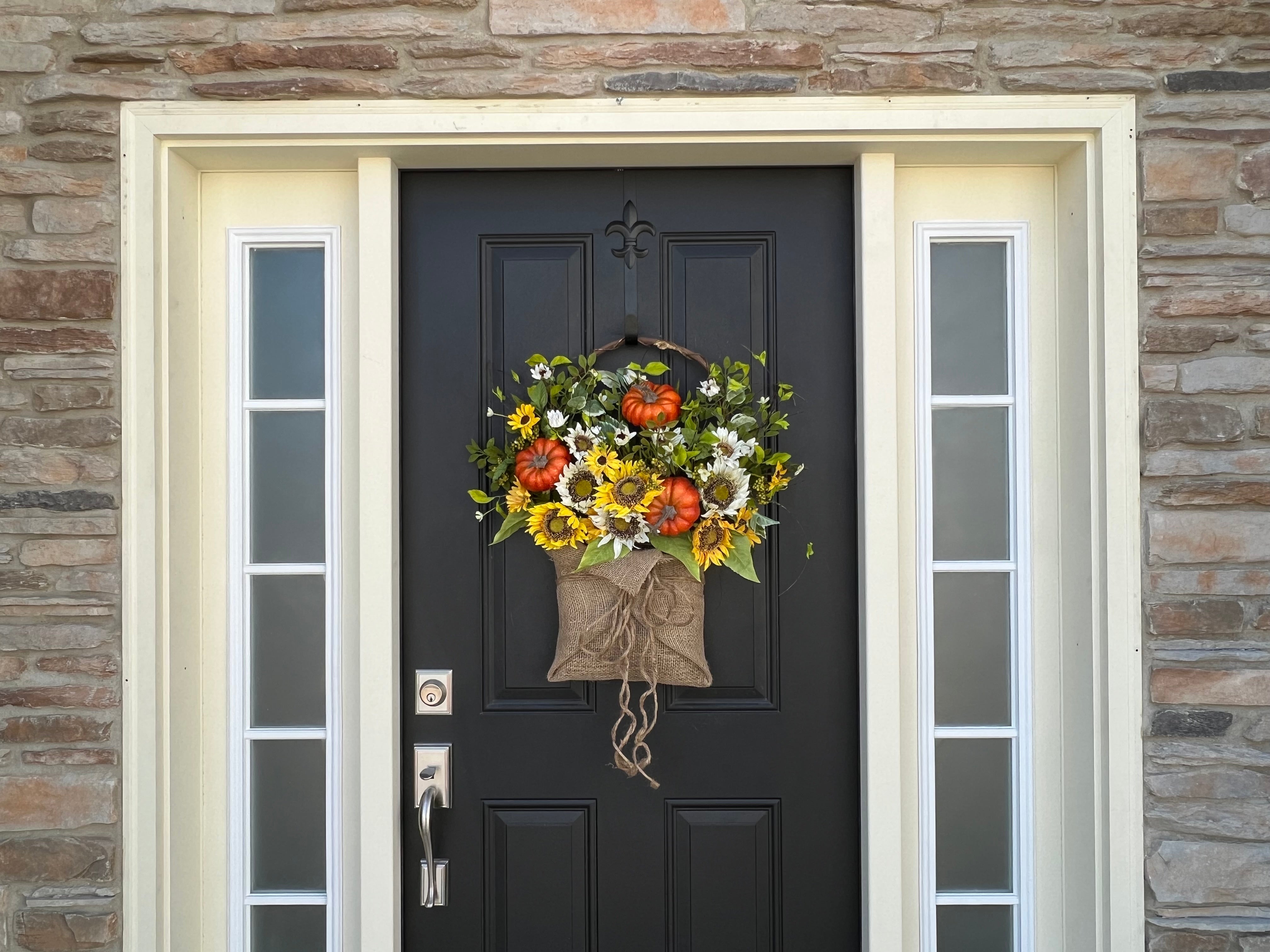 Fall Sunflower and Orange Pumpkin Burlap Basket