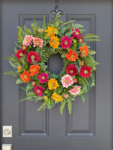 Colorful Zinnia and Fern Floral Wreath