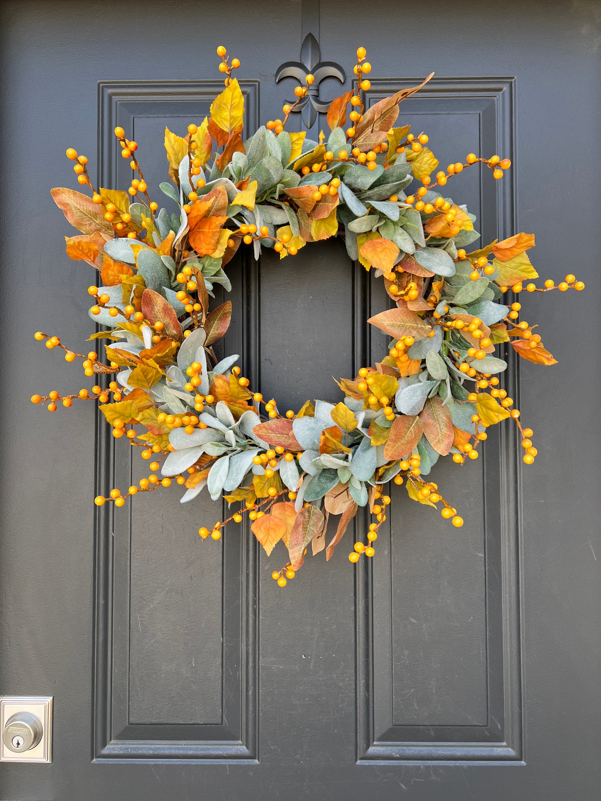 Fall Orange Berry and Lambs Ear Wreath, Birch Leaves, Ready to Ship