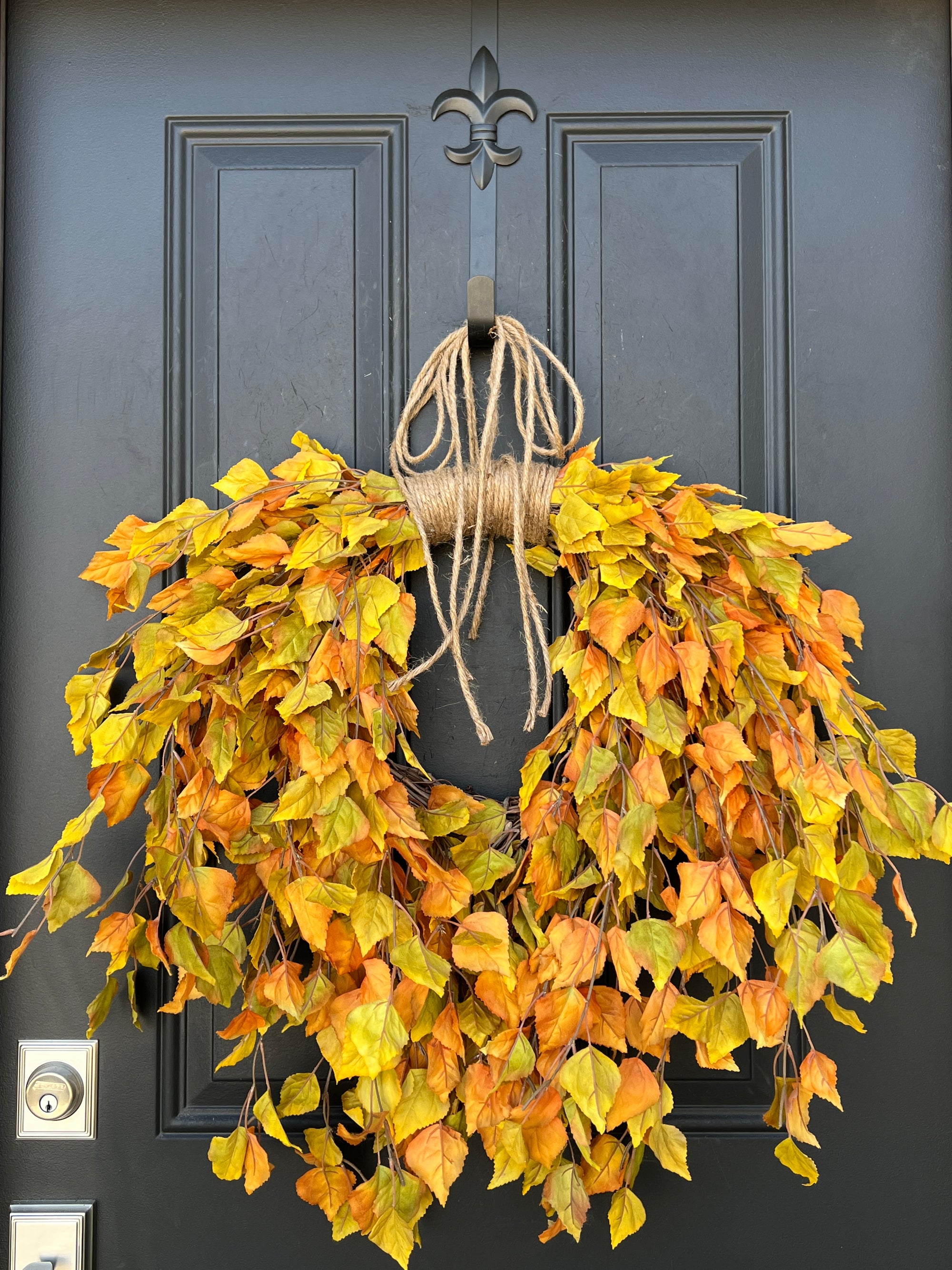 Autumn Outdoor Birch Branch Wreath with Leaves, Ready to Ship