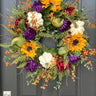 Fall Magnolia, Sunflower, and Cream Pumpkin Front Door Wreath - TwoInspireYou