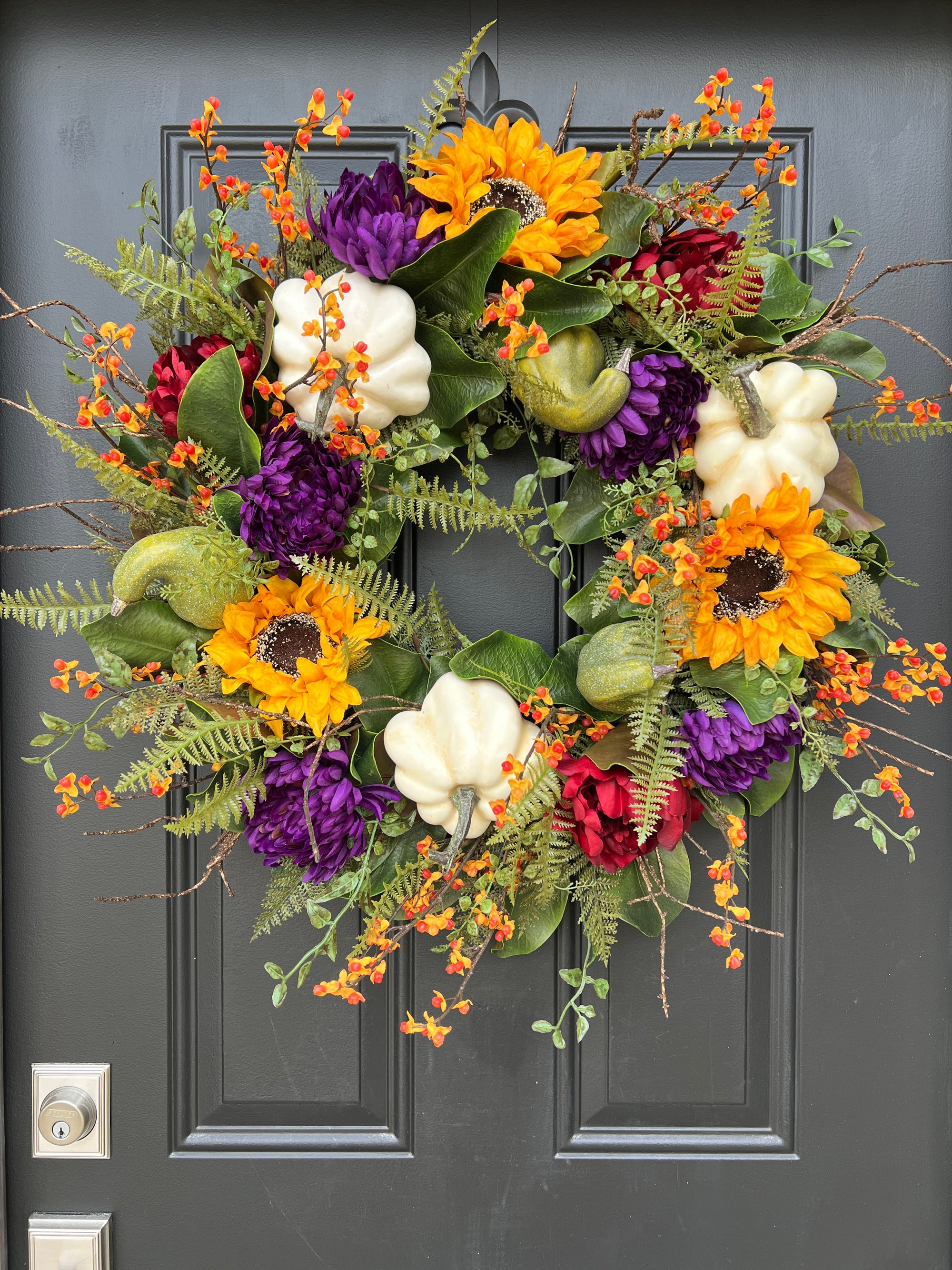 Fall Magnolia, Sunflower, and Cream Pumpkin Front Door Wreath