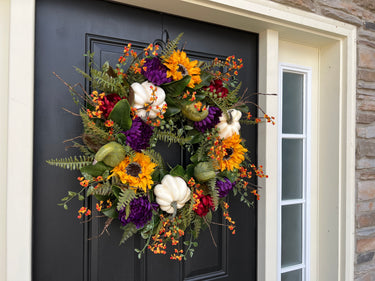 Fall Magnolia, Sunflower, and Cream Pumpkin Front Door Wreath - TwoInspireYou