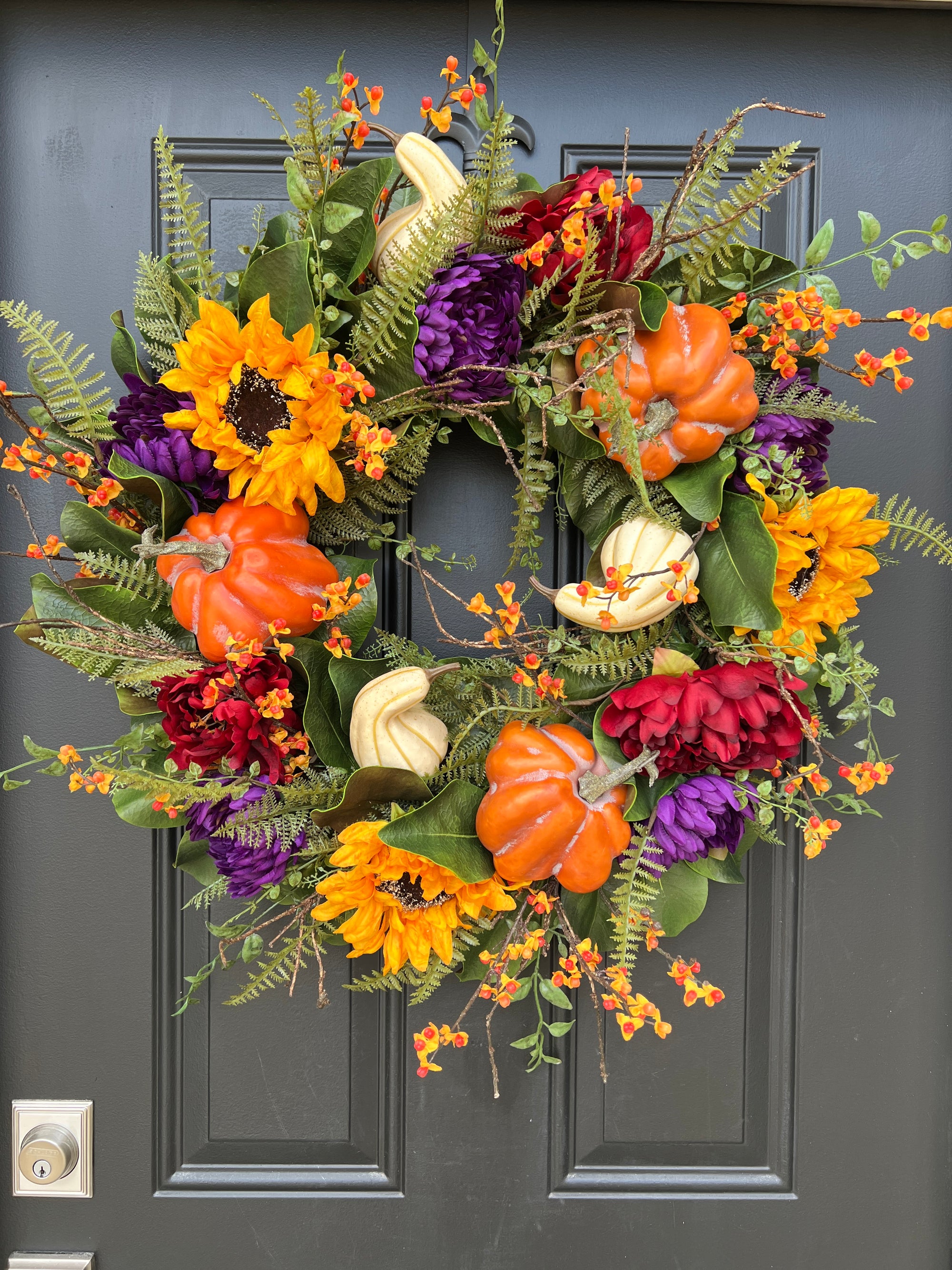 Colorful Autumn Sunflower and Pumpkin Front Door Wreath