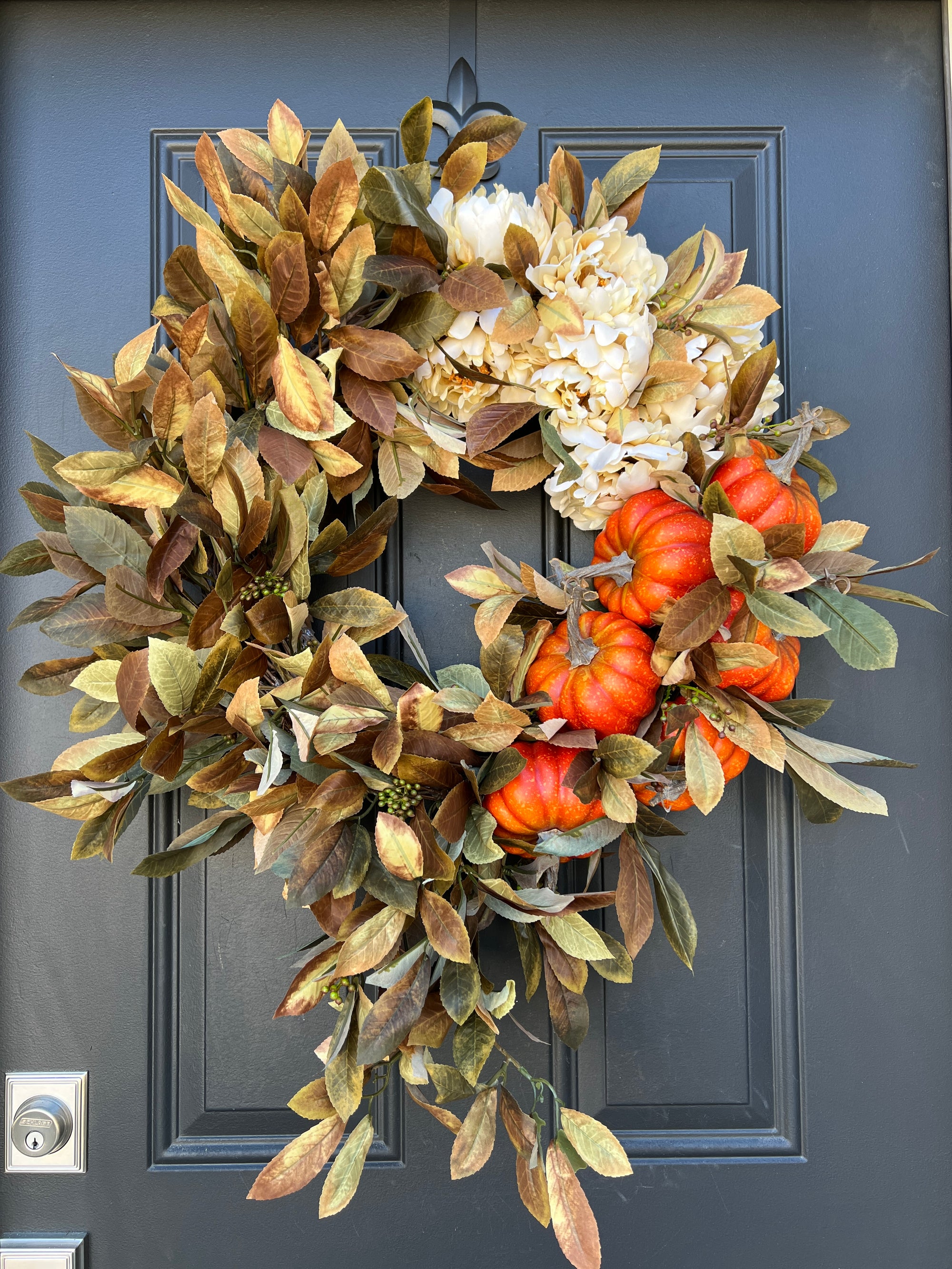 Bountiful Blessings Wreath with Orange Pumpkins and Cream Peonies