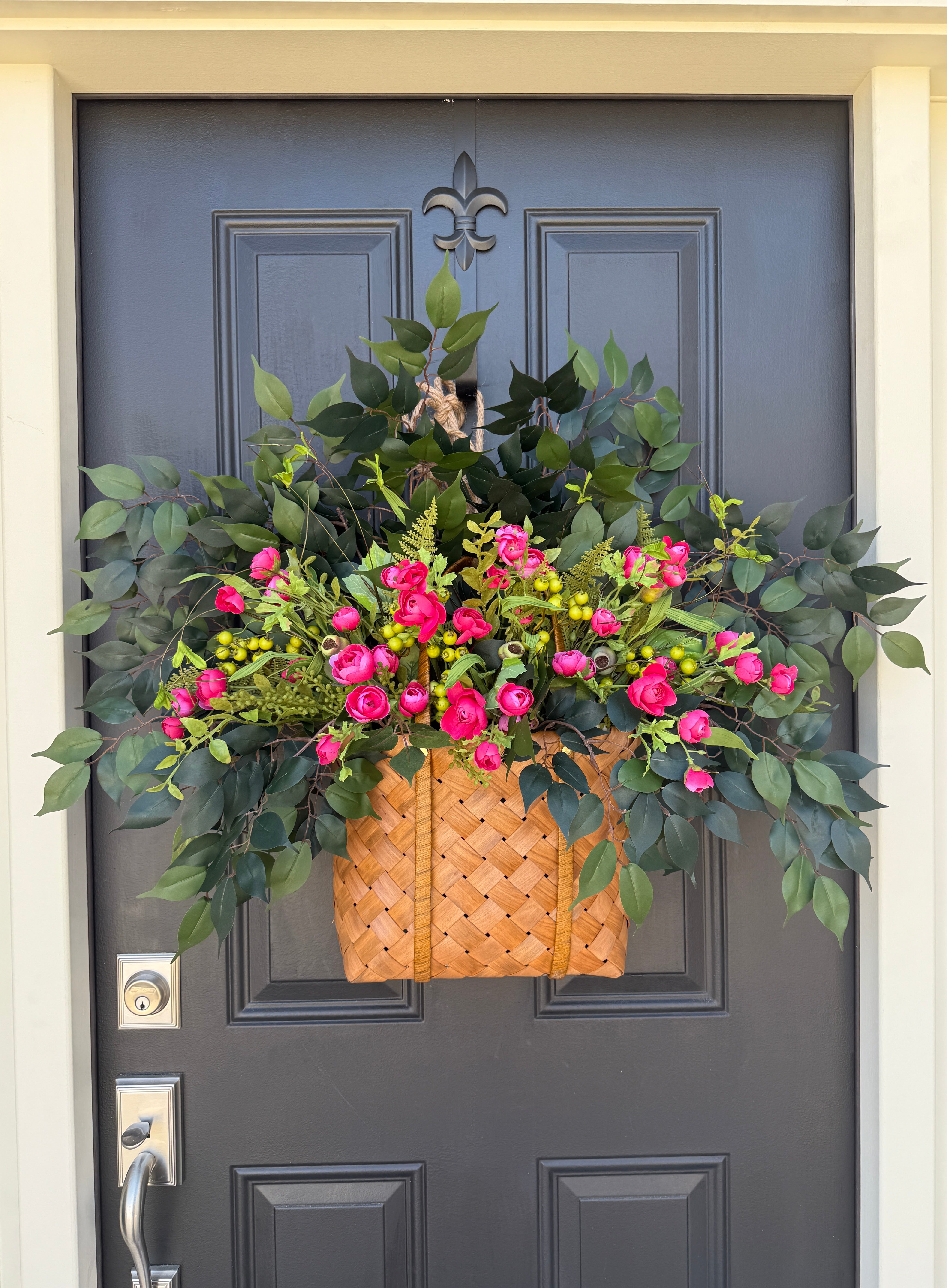 Summer Basket Wreath with Pink Ranunculus and Greenery