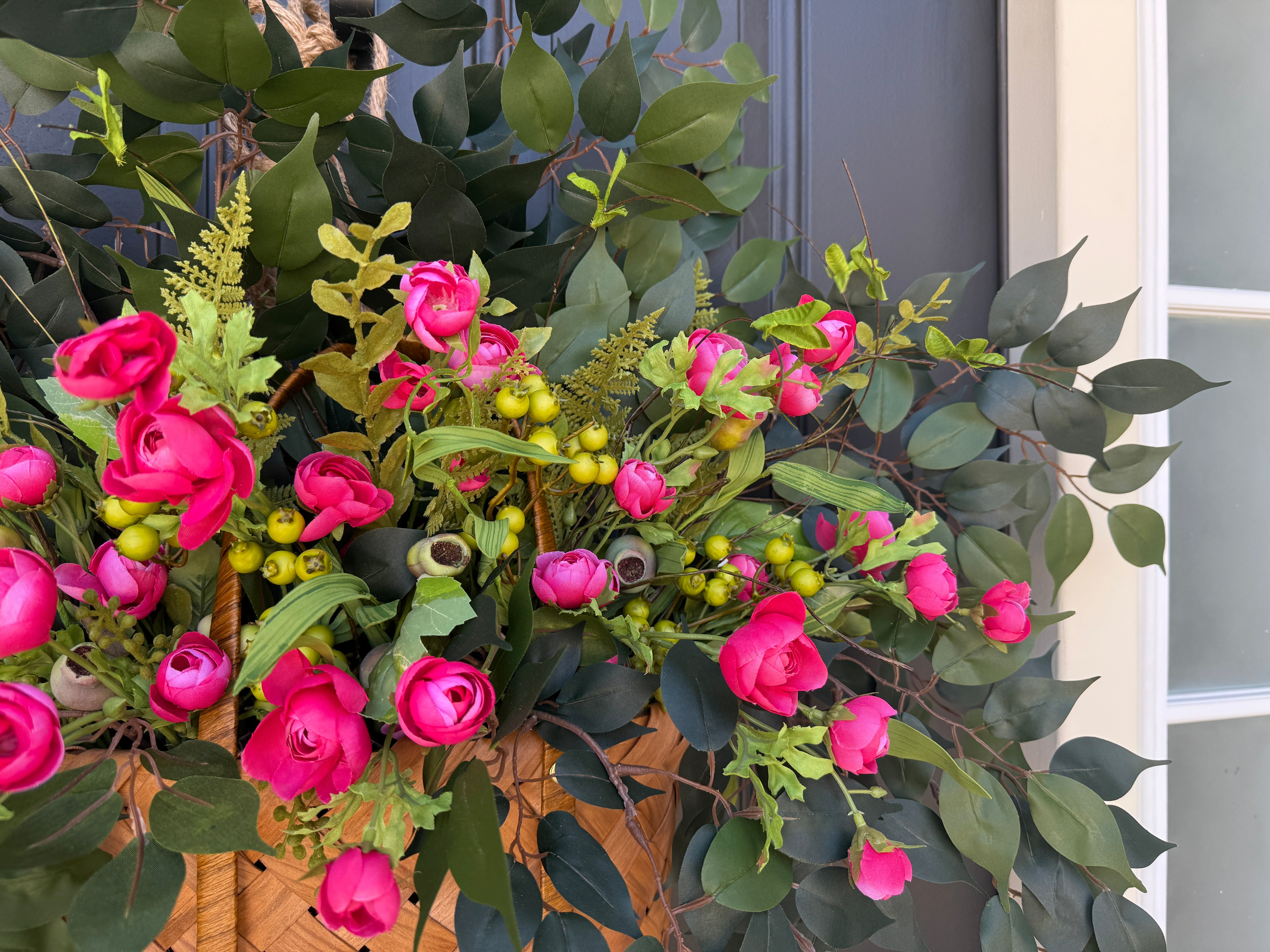 Summer Basket Wreath with Pink Ranunculus and Greenery