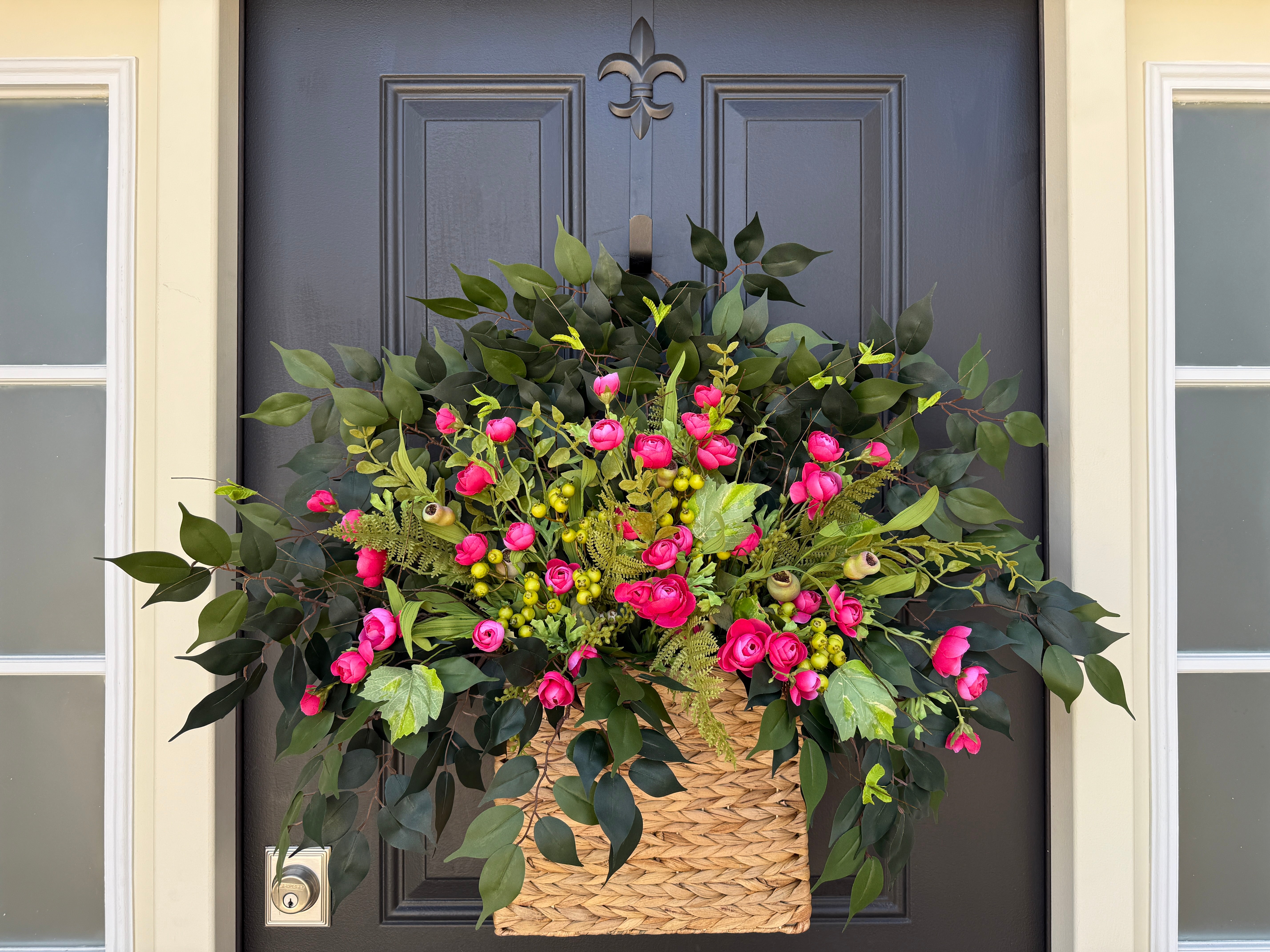 Summer Door Basket with Pink Ranunculus and Lush Greenery