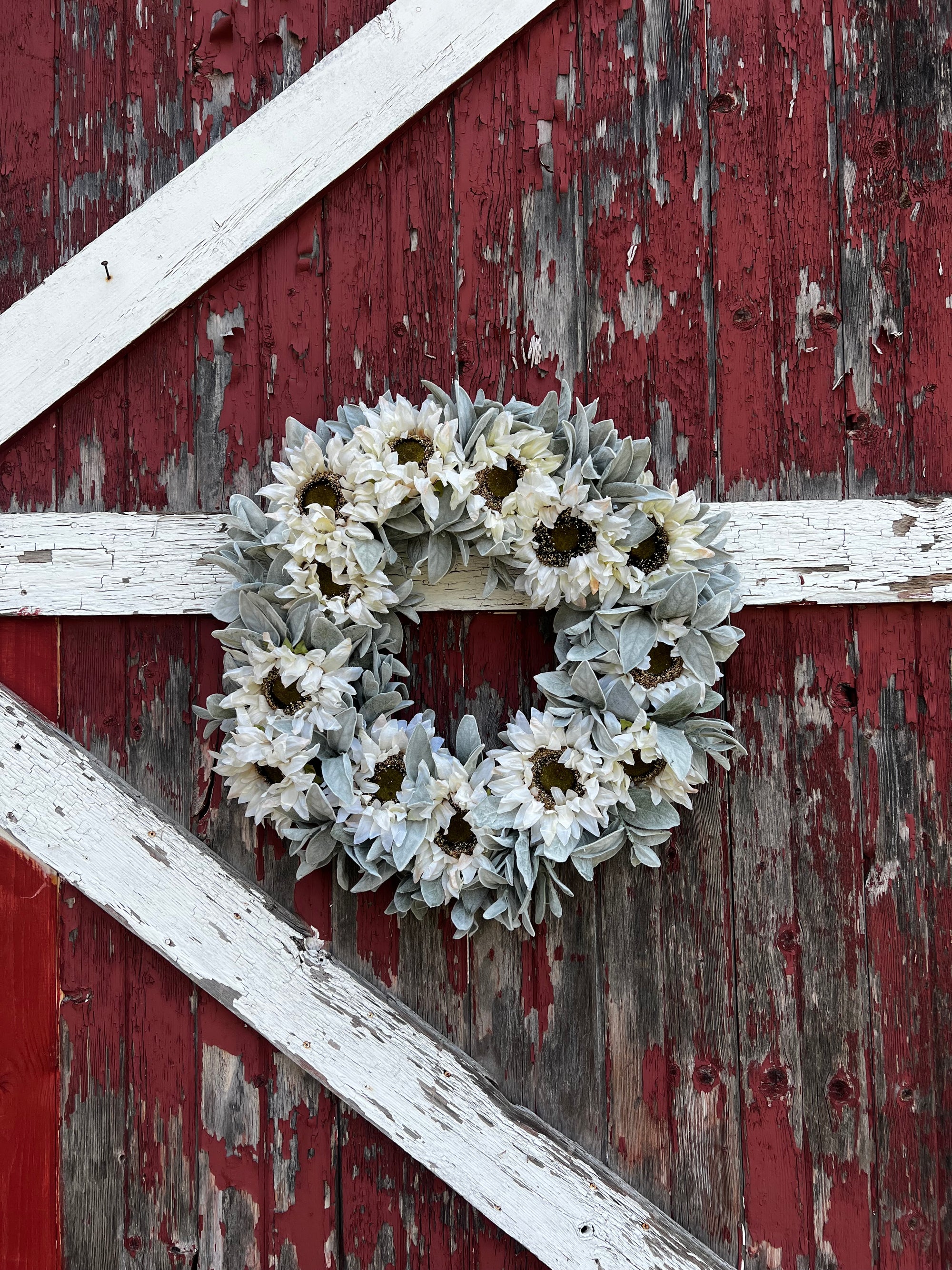 White Sunflower and Lamb's Ear Wreath, Ready to Ship