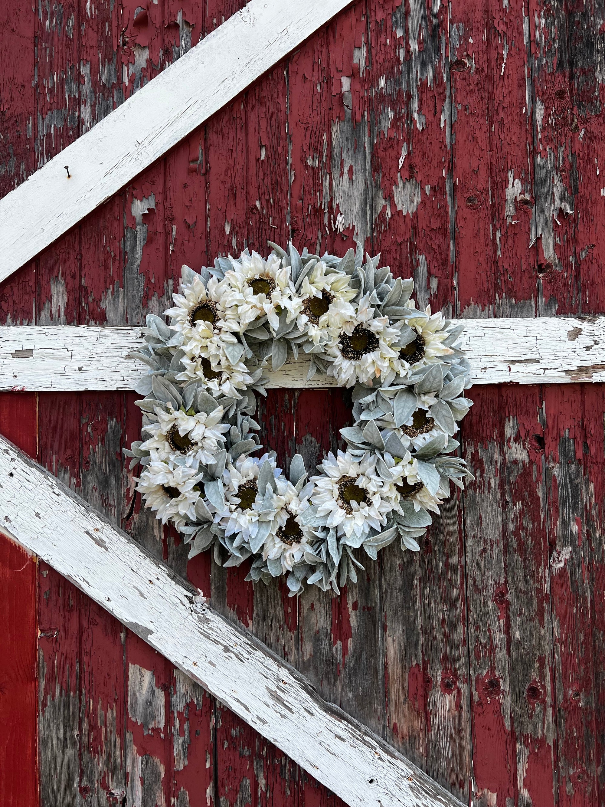 White Sunflower and Lamb's Ear Wreath