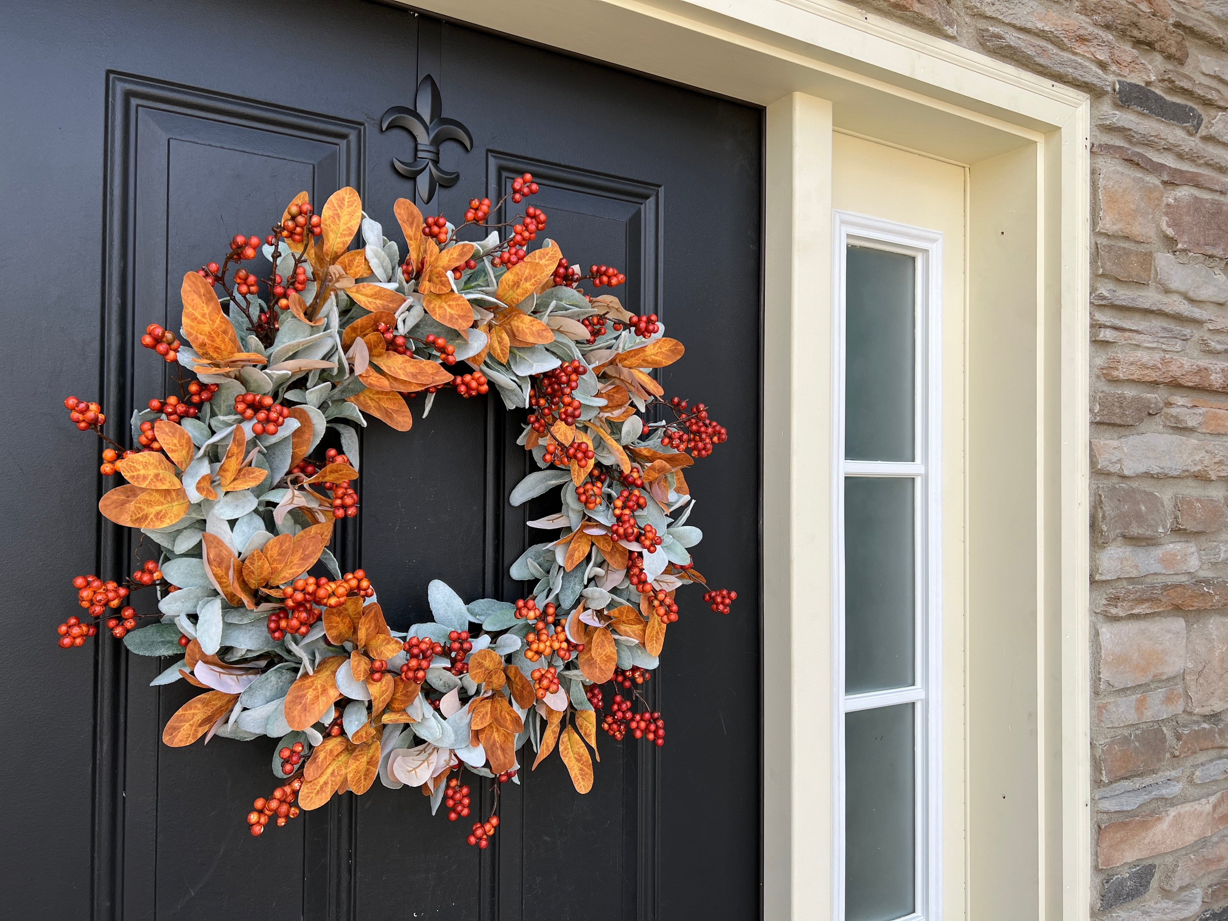 Farmhouse Fall Lamb's Ear Wreath with Orange Berry Clusters