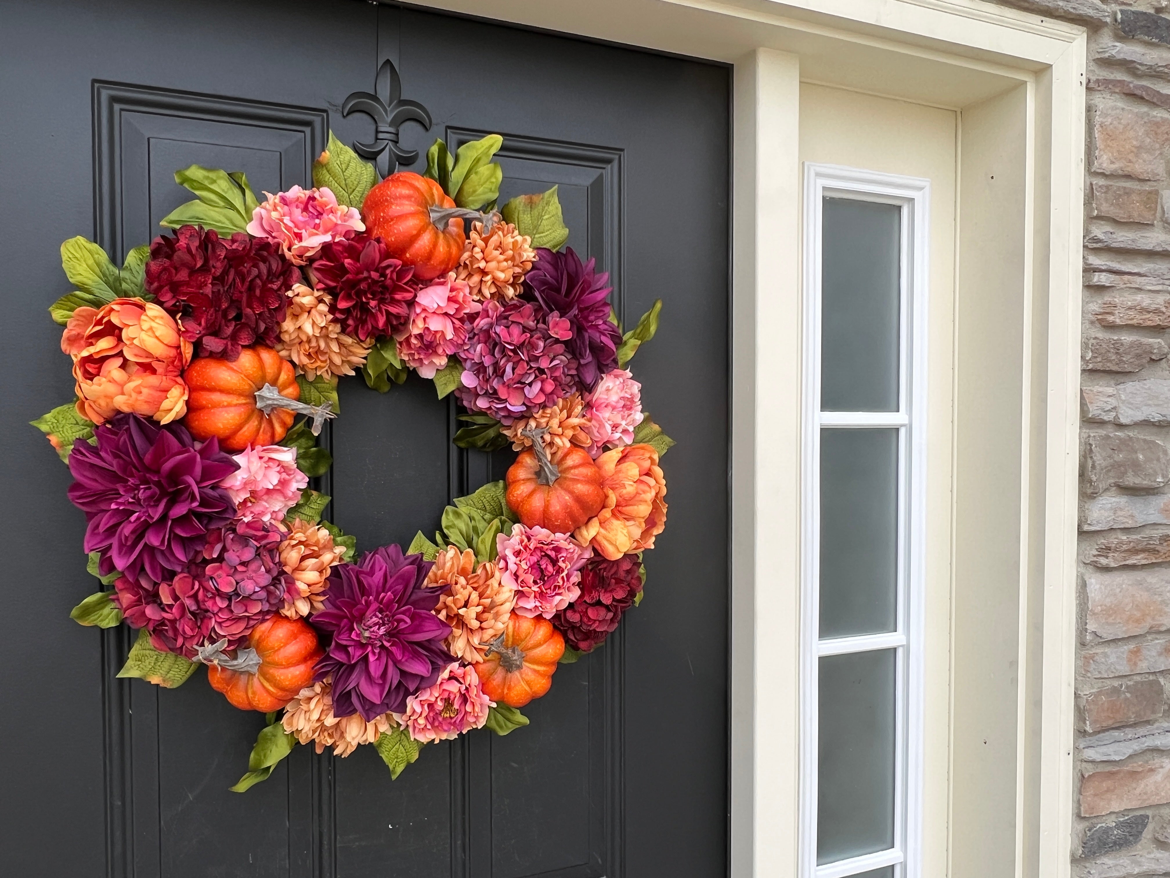 Bountiful Blooms Pumpkin Wreath with Peonies, Dahlias and Hydrangeas