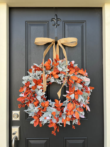 Fall Orange Berry and Lamb's Ear Wreath - TwoInspireYou