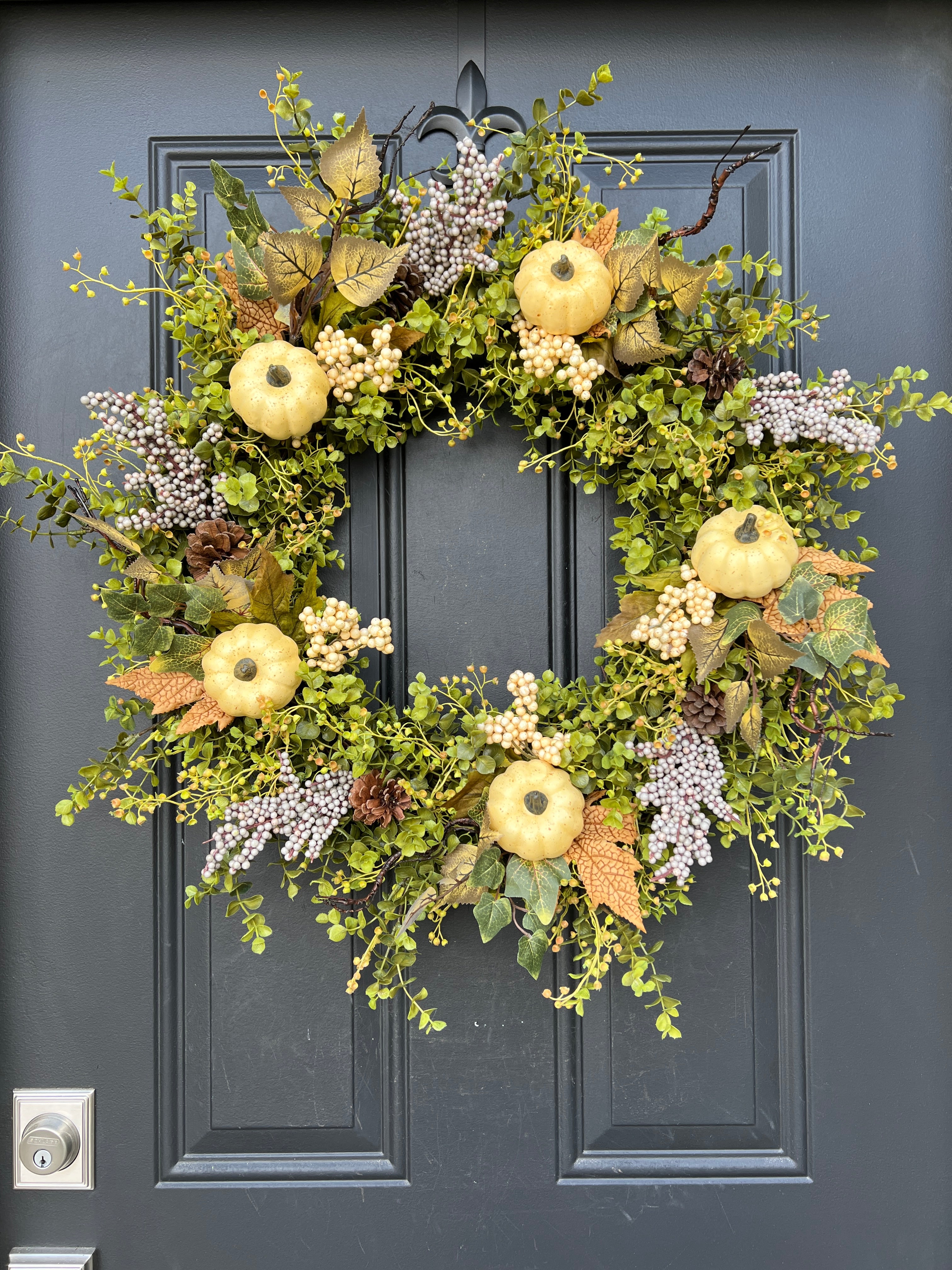 Harvest Moon Wreath with Fall Eucalyptus and Cream Pumpkins