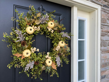 Harvest Moon Wreath with Fall Eucalyptus and Cream Pumpkins - TwoInspireYou