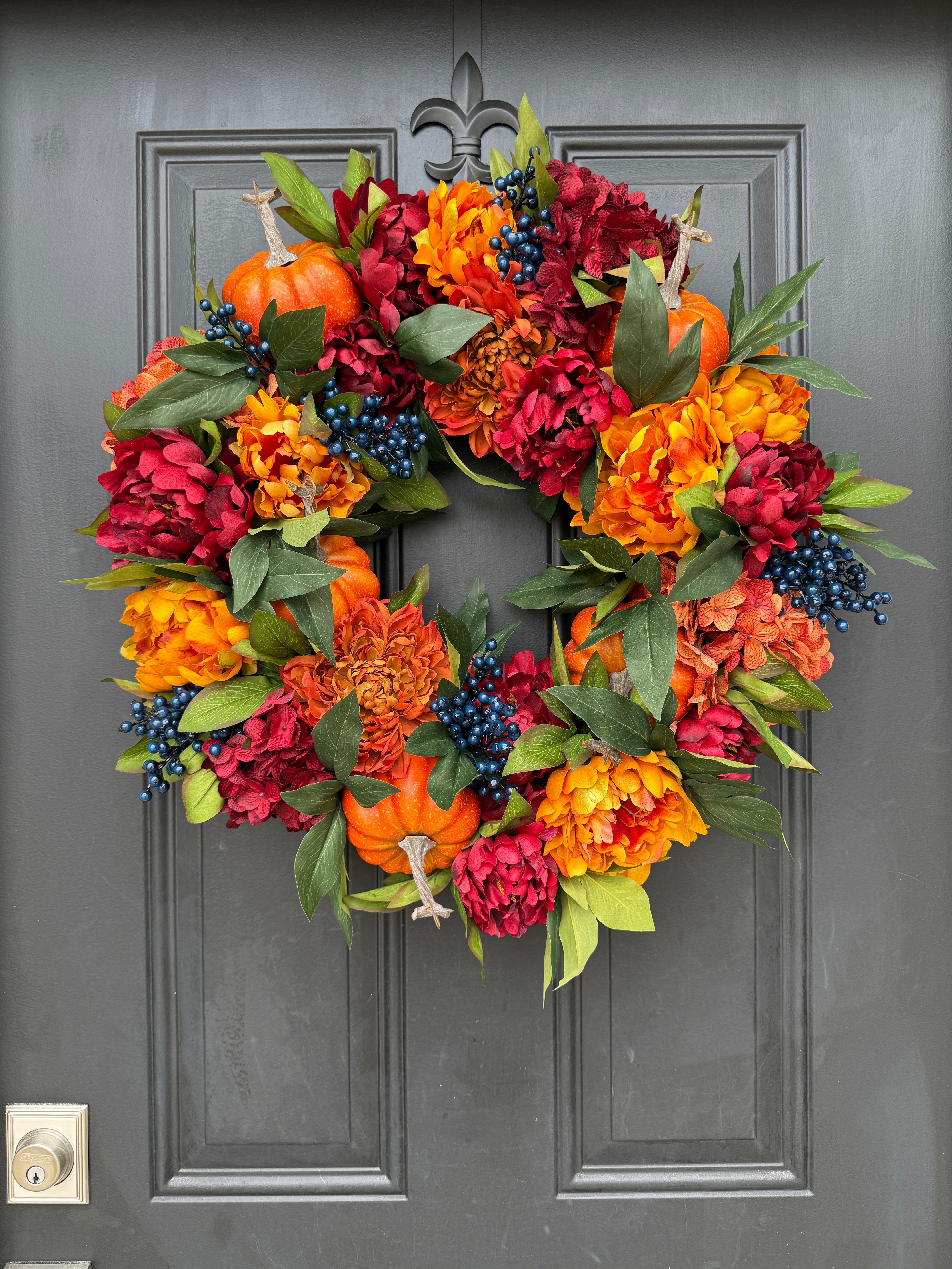 Fall Pumpkin & Blue Berry Wreath – Thanksgiving Door Decoration