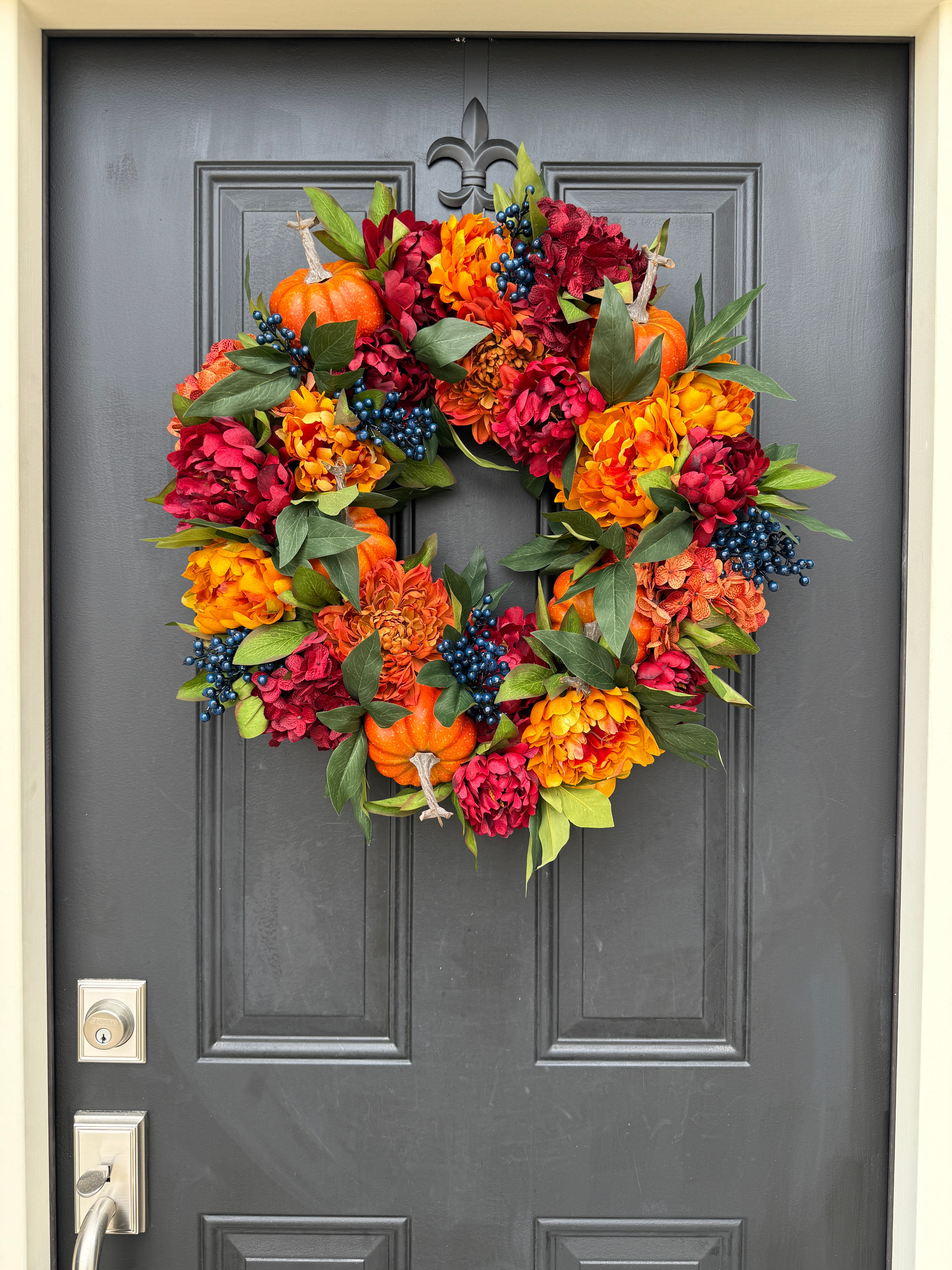 Fall Pumpkin & Blue Berry Wreath – Thanksgiving Door Decoration