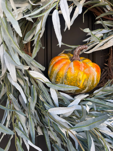 Wispy Greenery Wreath with Petite Pumpkin