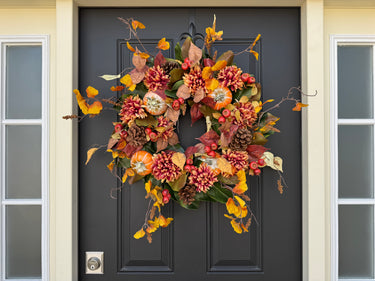 Colorful Autumn Floral Wreath with Pumpkins and Fall Leaves
